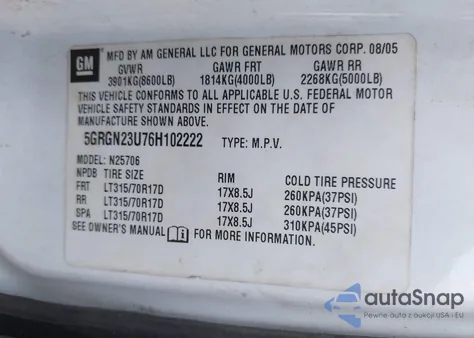 2006 Hummer H2 Suv from USA, damaged, VIN 5GRGN23U76H102222